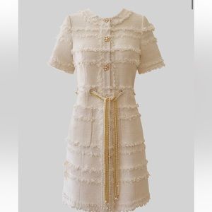 SIERRA DARIEN PEARL CHAIN TWEED DRESS - BEIGE. *NEVER WORN*